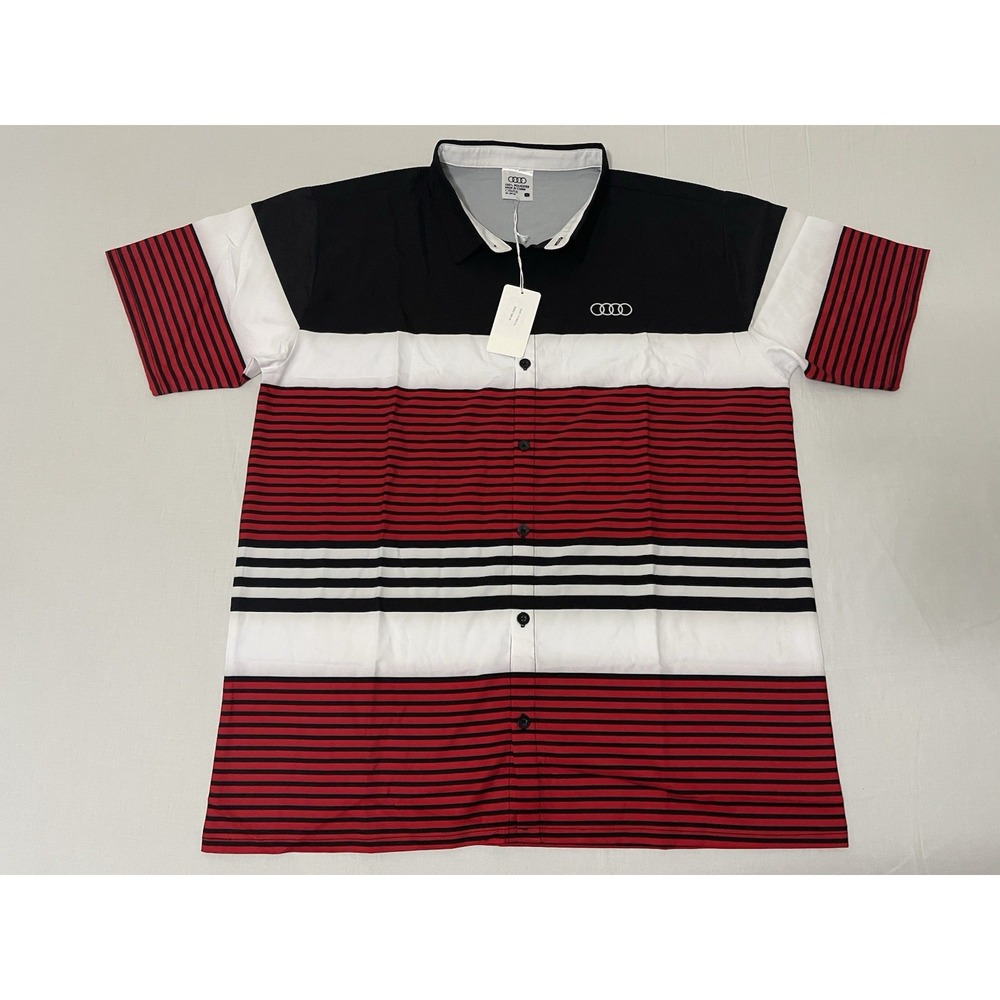 NWT AUDI Logo Button Up Short Sleeve Shirt Men's XL RED BLACK WHITE‎ Striped